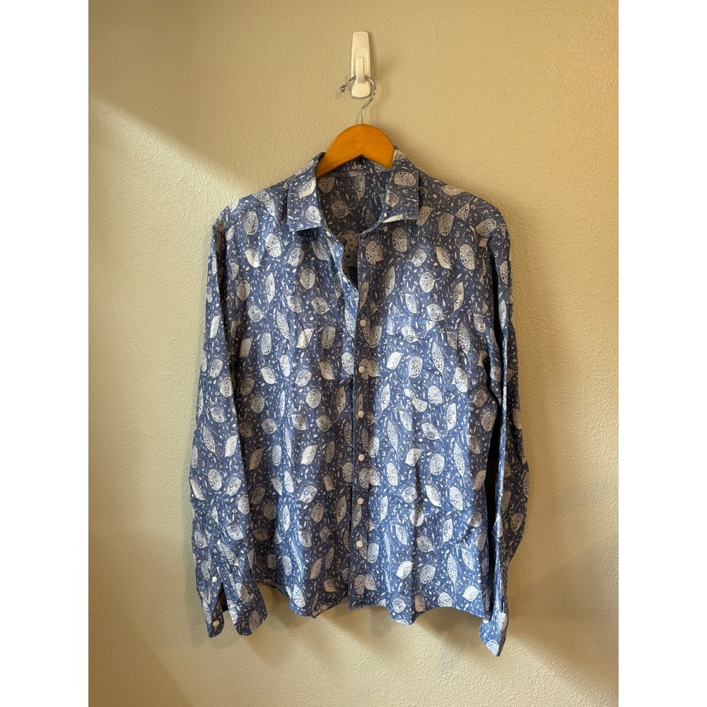 J.Hilburn Button Down Shirt Mens Blue White Leaf Print Cotton Linen Blend